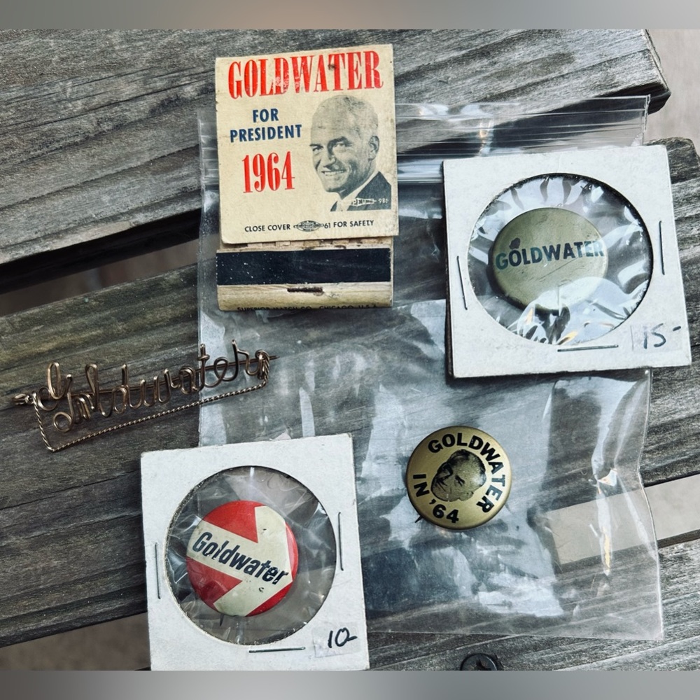 Vintage Goldwater presidential campaign buttons , matchbook & nameplate pendant